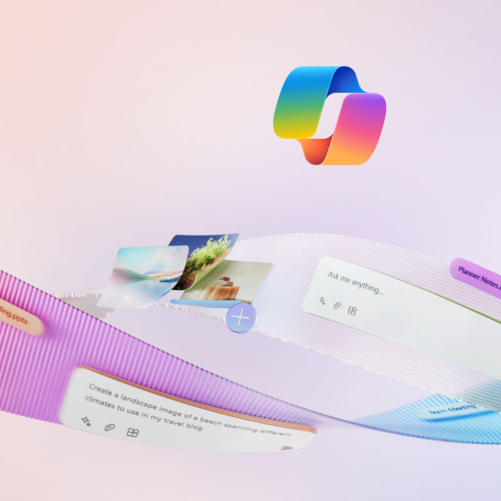 Microsoft Copilot Graphic with ribbons and text to showcase the power of AI for federal government